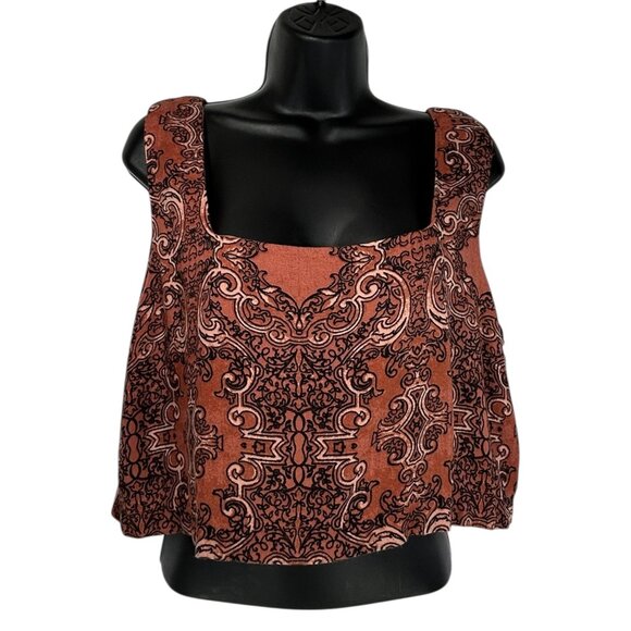 AMUSE SOCIETY Crop Tank Top Sz L Rust Orange Black Paisley Button Back Viscose - Picture 1 of 8